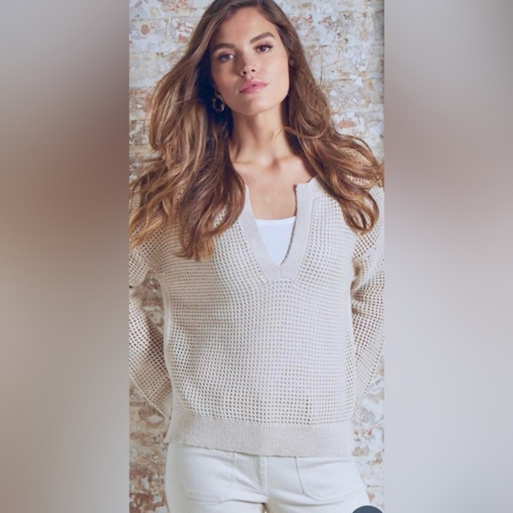 Elliott Lauren Natural Open Weave Sweater Size Large‎ V Neck Boho Beach Coastal